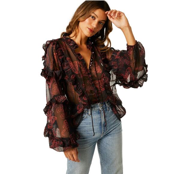 Misa Los Angeles Tops - MISA Los Angeles Frida Butterfly Sheer Blouse Ruffle Puffy Sleeves sz XS X-Small